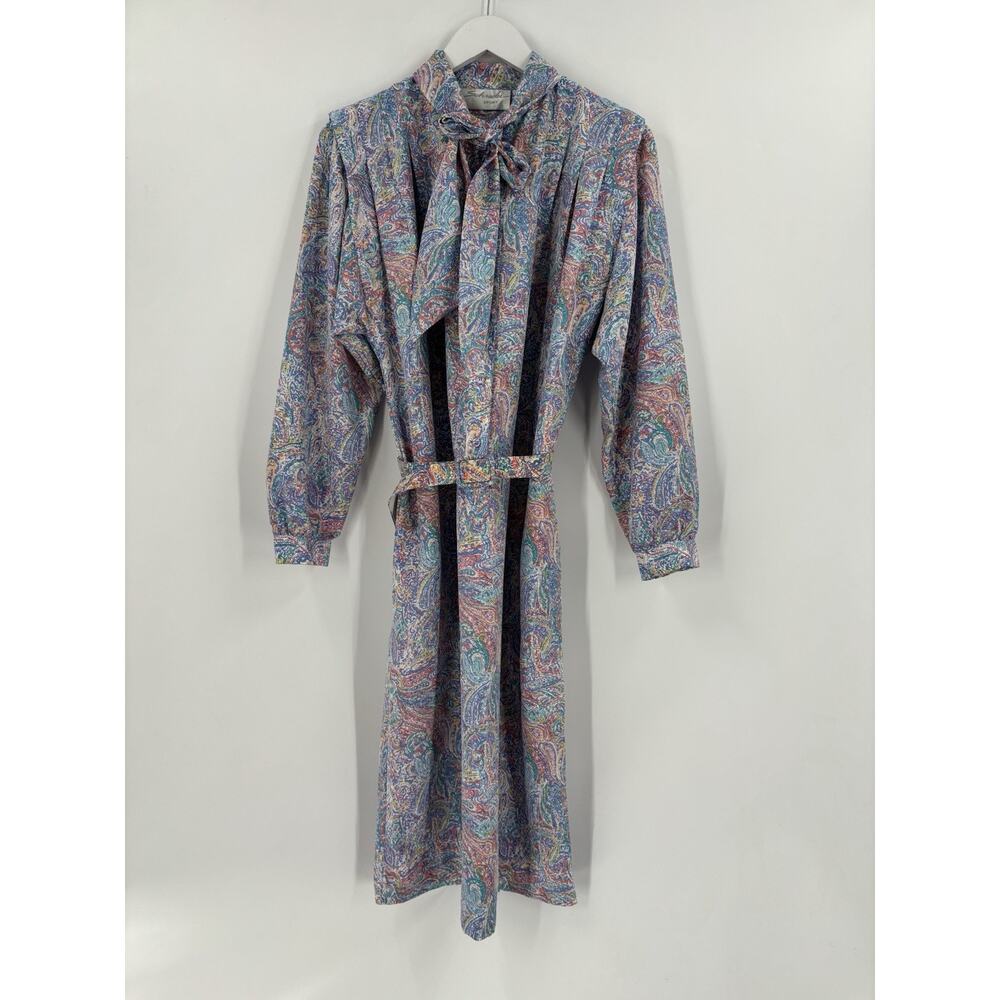 Schrader Vintage Dress Womens 12 Blue Pink Belted Paisley Pussybow Midi Colorful